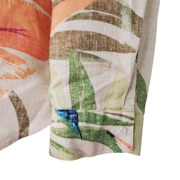 CHICO'S Linen Tropical Button Down Tab Sleeve Blouse Shirt Sz 2 12/14 Palm Leaf - Picture 6 of 11